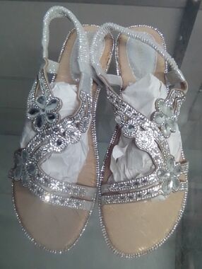 Embellished Silver Floral Slingback Sandals - Women